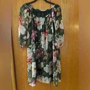 Bellambia-Olive Floral Flowy Shift Dress M